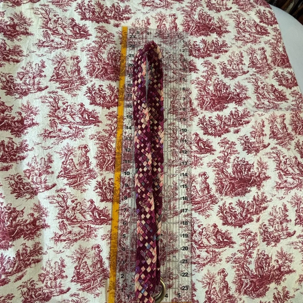 Large Upcycled Woven Boho Tapestry Textiles Belt, Dark Pinks, Double loop buckle